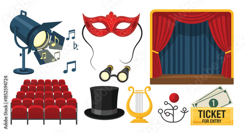 Theatrical performance elements on a white background with spotlight seats mask opera glasses top hat lyre and tickets.