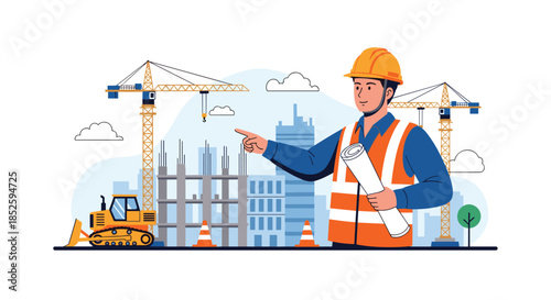 A civil engineer overseeing a construction project with heavy machinery and buildings.