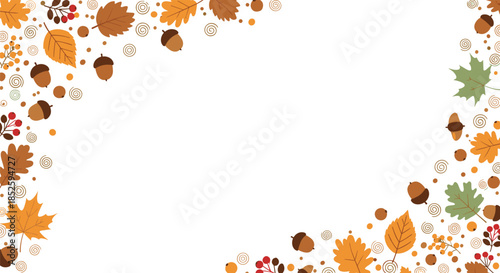 Autumnal leaves and acorns creating a decorative border for the fall season.