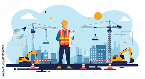 A construction worker stands on a site with cranes and excavators.