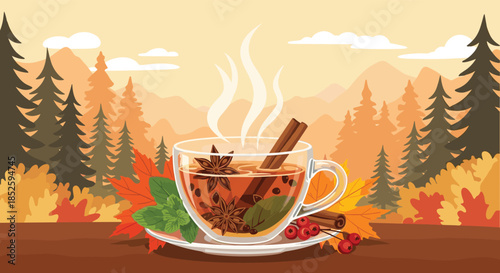 A steaming cup of spiced cider sits on a saucer surrounded by autumn leaves and pine trees.