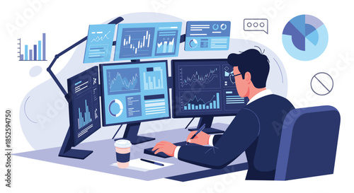 A financial analyst monitors complex stock market data on multiple computer screens.
