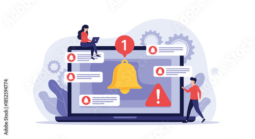 Digital notification system alerts and communication reminders for users on a laptop screen.