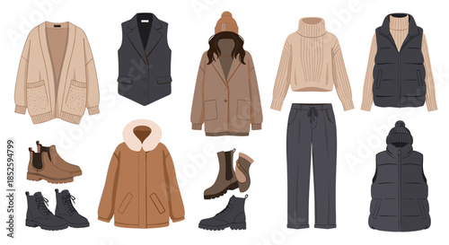 Cozy winter clothing essentials for a stylish cold weather wardrobe. This collection includes warm outerwear and comfortable footwear. 