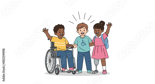 Children of diverse abilities celebrating friendship and inclusivity together.