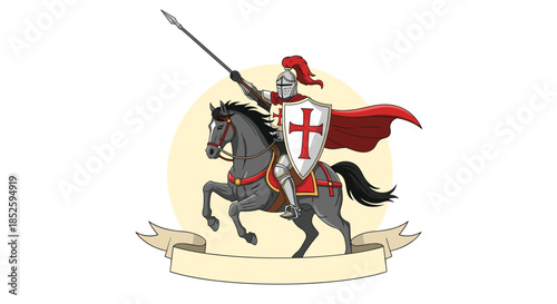 A knight on horseback in armor carrying a lance and wearing a red cape.
