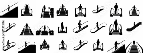 Obraz na płótnie A comprehensive collection of black silhouette icons depicting diverse individuals riding or standing on various escalators and moving walkways, isolated on white
