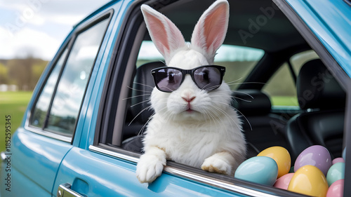 Easter bunny wearing sunglasses in a blue car with easter eggs