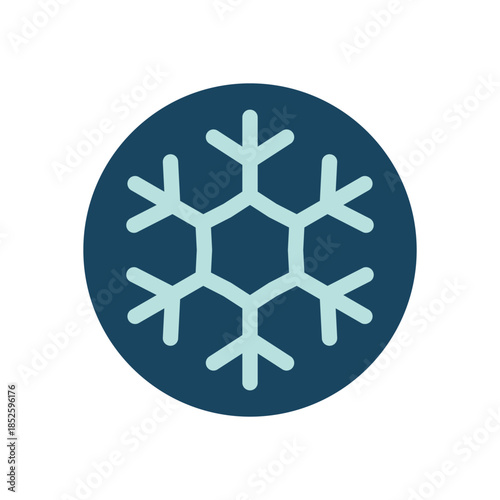 Flat blue snowflake sticker icon with round ornament and white line. Ice and cold xmas element suits winter box, chill holiday label or seasonal lid, combining clear shape with simple style.