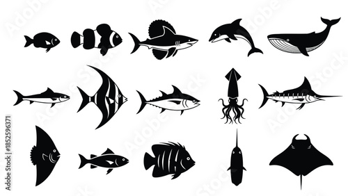 Collection of various marine animals and fish in purple silhouette illustrations on white background