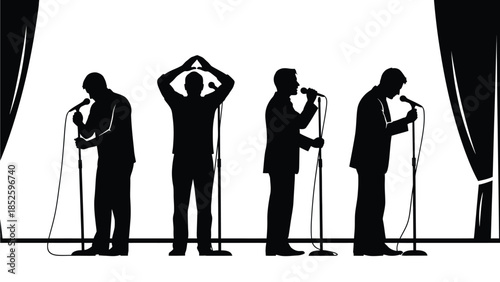 Silhouettes of four men singing on stage with microphones in suits and formal wear