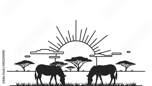 Black silhouette of two horses grazing under sunny savannah landscape with trees