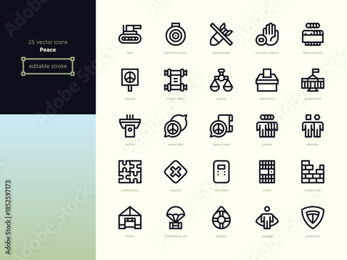 Peace Line Icons - Society, Conflict and Resolution. Editable stroke vector icon pack.