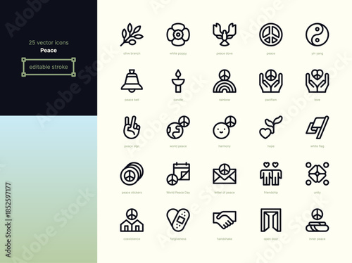 Peace Line Icons - Symbols and Values. Editable stroke vector icon pack.