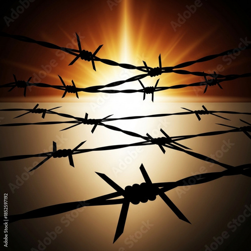 Barbed wire fence silhouetted against a dramatic sunset symbolizing confinement borders and restriction with reflection on a flat surface