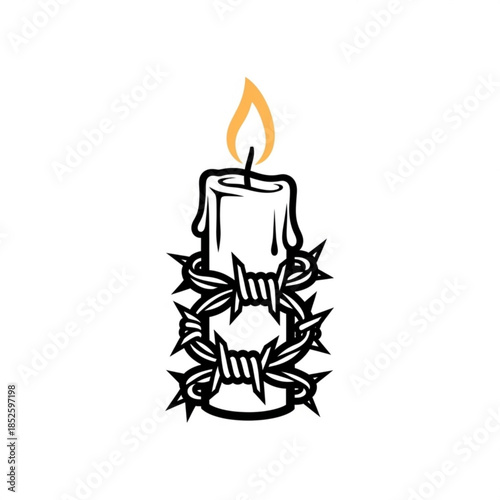 Burning candle wrapped in barbed wire symbol of struggle and hope isolated on white background for conceptual design