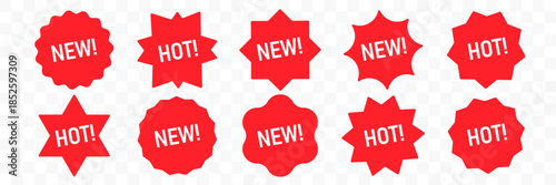 Collection of red promotional badges with NEW and HOT labels. Starburst and sticker shapes isolated on transparent background, ideal for sales, discounts, marketing banners, and e-commerce design
