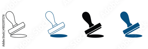 Rubber Stamp icon sheet multiple style collection with different circular and rectangular stamps for legal certification, corporate approval stickers, and vintage distressed stationery design vector