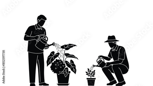 Two men watering plants with watering cans in a simple black and white illustration