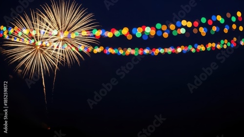 Dazzling fireworks illuminate the night sky alongside vibrant festive bokeh lights