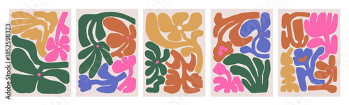 Abstract flowers, modern card designs set. Floral posters, naive wall art with contemporary shapes, creative composition, organic botanical pattern, whimsical texture. Flat vector illustration
