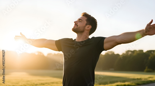 Man stretching arms in morning sun rays enjoying freedom
