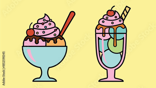 Colorful cartoon sundaes with whipped cream and cherries in glasses