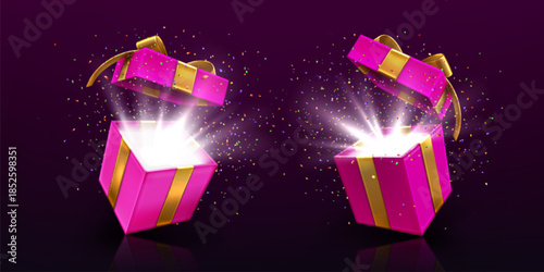 Open gift boxes with light and confetti isolated on black. Vector realistic illustration of unwrapped pink present package with golden ribbon bow, holiday surprise shining inside, sale celebration