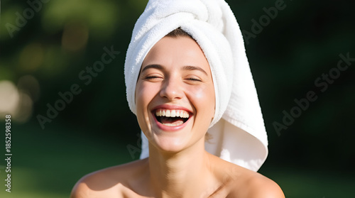 Woman laughing with towel on her head exuding joy
