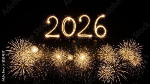 Spectacular golden fireworks illuminate the night sky, celebrating the arrival of 2026 new year with a dazzling display of light