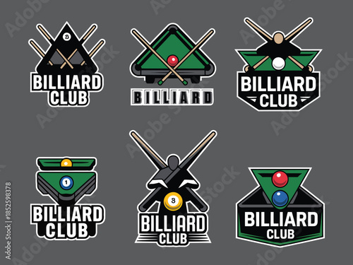 Set of billiard logos and emblems in grey colour featuring pool club symbols, billiard ball icons, and tournament branding elements for professional sports club identity vector illustration.