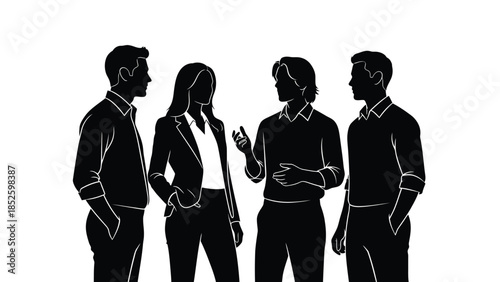Silhouette of four people standing and talking in business casual attire together