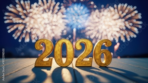 Golden 2026 numerals stand on a rustic wooden surface with vibrant fireworks in the night sky