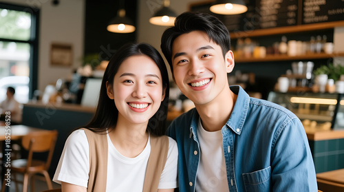 Young couple smiling in cafe interior enjoying time together

