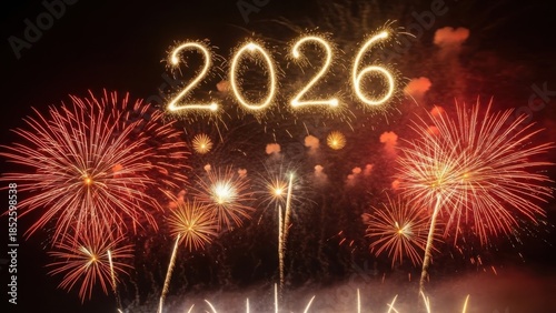 Spectacular fireworks illuminate the night sky celebrating the arrival of 2026 new year.