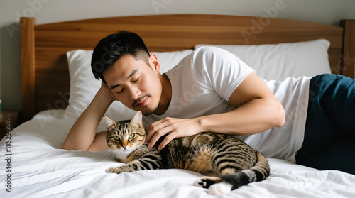 Man petting cat lying beside him on bed enjoying cozy moment