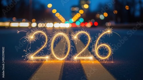 Celebration of 2026 new year with sparkling lights illuminating a dark city road at night