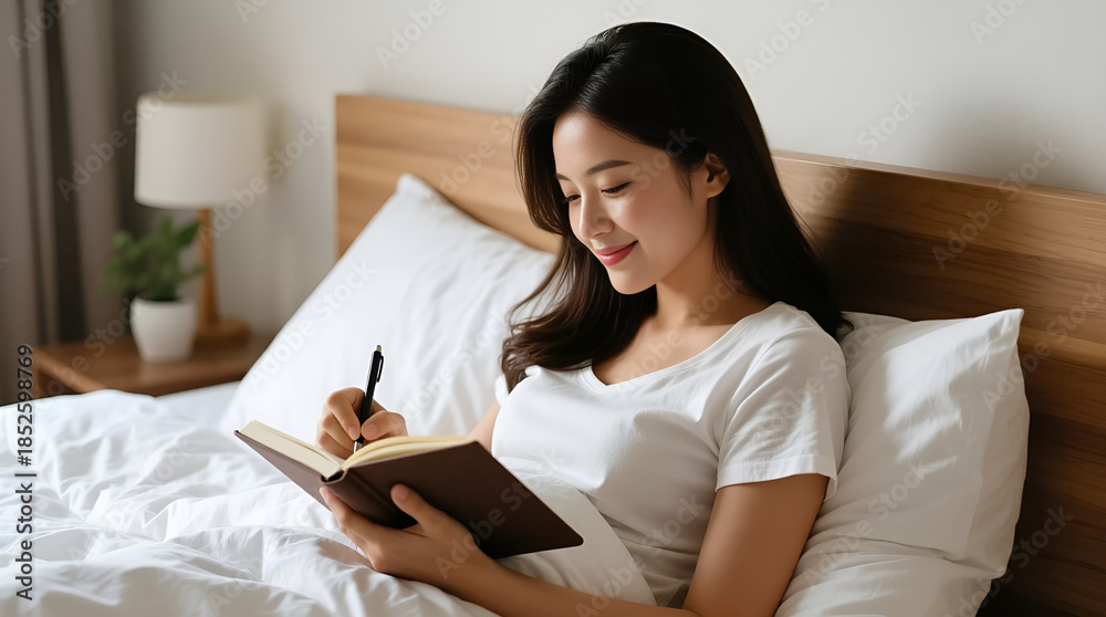 Naklejka premium Woman journaling in bed enjoying quiet moment of reflection 