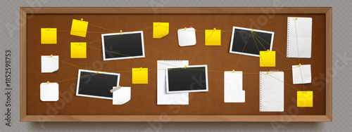 Detective evidence board with photos and papers. Vector realistic illustration of police investigation map, blank pictures and memo notes pinned to cork background, criminal case mystery, search info