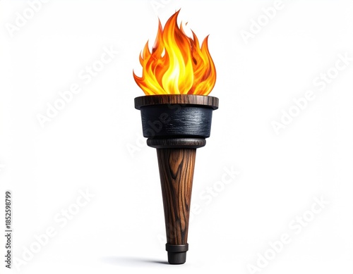 A wooden torch with a fiery flame burning brightly on white (1)