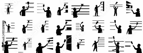 A set of vector silhouettes showing men and women using feather dusters to clean, sanitize, and remove dust from various surfaces and shelves.