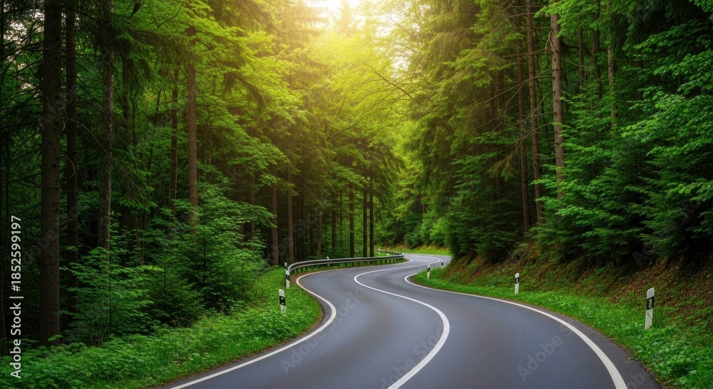 Fototapeta premium A winding road through a lush green forest with sunlight filtering through the trees.