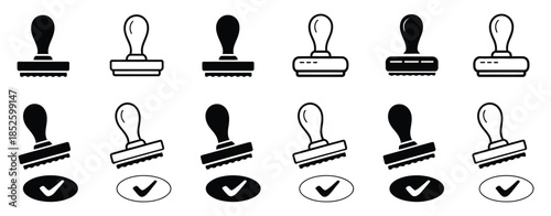 Set of stamp icons with approval stamp imprints, watermark designs, and rubber stamp icons for creative permission logotypes, legal documentation, and official ink pad sign vector set.