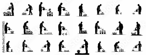 Gardening silhouettes collection: People watering plants, saplings, and potted flowers using watering cans, symbolizing cultivation and growth.