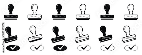 Set of stamp icons with approval stamp imprints, watermark designs, and rubber stamp icons for creative permission logotypes, legal documentation, and official ink pad sign vector set.