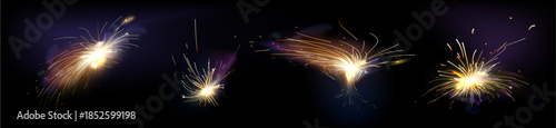 Electric welding sparks with firecracker fire explosion effect. Metal grinder sparkle and flame light bursts - realistic bright flare particles flying from torch work isolated on dark backdrop.