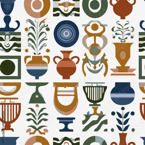 Antique pottery and vase seamless pattern, ancient Greek style ceramic ornament vector background