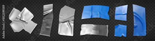 Silver and blue duct tape patch set with adhesive scotch sticker pieces in 3d realistic style. Crumpled, wrinkled and smooth torn strips on transparent background for repair or crafting projects.