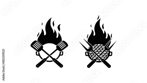 Grill icons with flames and utensils for barbecue