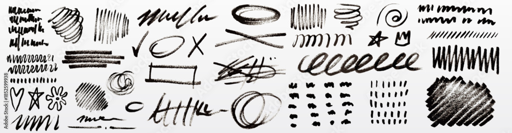 Fototapeta premium Abstract black crayon scribbles set isolated on white background. Vector realistic illustration of charcoal pencil or marker doodles, wavy bold and thin lines, curvy hand drawn frames, kids squiggles